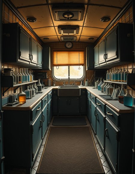 The interior of an old RV converted into a clandestine drug laboratory, inspired by the TV series Breaking Bad. The space is cramped and messy, filled with scientific equipment, glass beakers, flasks, burners, chemical containers, and lab tools scattered around. The walls are aged and stained, with peeling wallpaper and old metallic cabinets. A small sink area is cluttered with dirty lab glassware. The lighting is dim and tinted yellow, with sunlight barely filtering through dusty blinds. The floor is grimy, with a mix of rubber mats and worn carpet. The overall atmosphere is tense and gritty, capturing a sense of secrecy and danger. Hyper-realistic style, cinematic composition, rich in textures and shadows.
<lora:SDXLFaeTastic2400:0.4> <lora:extremely_detailed:0.4> extremely detailed,old RV drug l4b0r4t0ry, <lora:old_RV_drug_l4b0r4t0ry-i:1>, Masterpiece,best quality,hi res,8k,hi res,8k,award winning,(sharp focus, intricate, highly detailed),