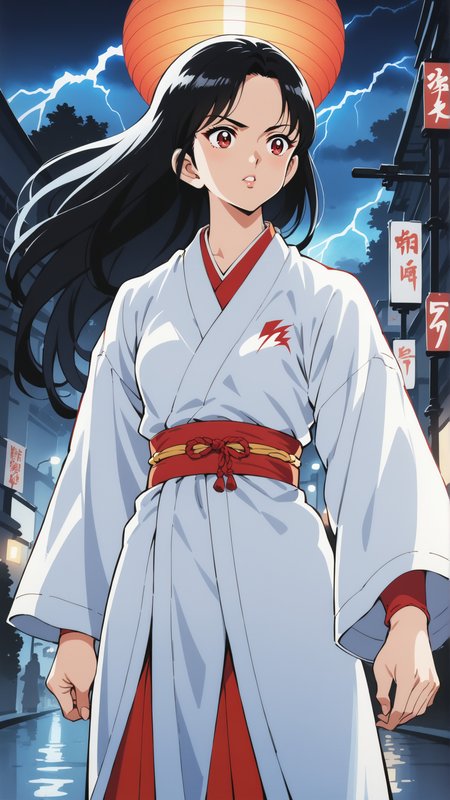 score_9, score_8_up, score_7_up, BREAK   <lora:Adachi_XL_PONY:0.8>
1girl, long hair, black hair, red eyes, lightning, storm, detailed background, intricate details, highly detailed, ultra detailed, hyper detailed, complex background, night, city, street, glowing, soft lighting, highres, masterpiece, best quality, anime screencap, traditional clothes, white outfit, confident expression, dynamic pose, intense atmosphere