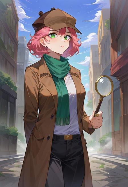 Masterpiece, High quality, OC, Female Adult woman, solo, 1girl, Detective woman, Short pink hair, Green eyes, Long Brown detective coat, brown Detective deerstalker hat, green scarf, black pants, serious face expression, looking through magnifying glass, Bending downward, Brooklyn streets, nighttime, Tall light pols, Fog