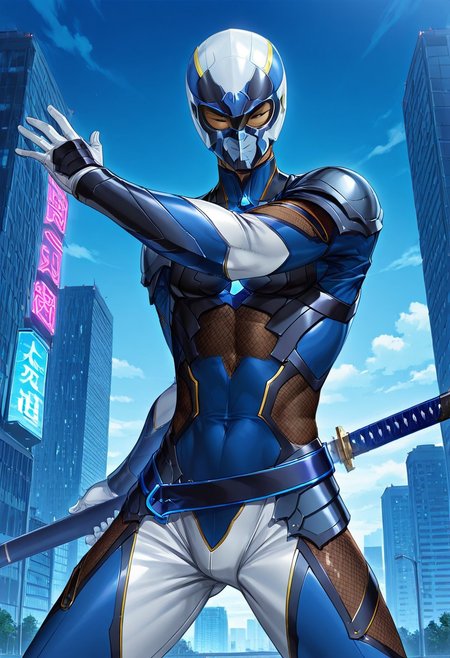 score_9,score_8_up,score_7_up,source_anime,5_figner,2d_animation,game cg,BREAK,1boy,solo,closes right eye,
Fuuma Kotarou,short hair,black hair,dark-skinned male,toned,
bodysuit,shoulder armor,armor,legs apart,fishnets
belt,tassel,sheathed,katana,helmet,mask,
cowboy shot,fighting stance,
front view,
skyscraper, neon light, starry, edge, tile,outdoor,cloud,
masterpiece,best qualit,ultra-detailed,illustration,an extremely delicate and beautiful,beautiful detailed eyes,unity 8k wallpaper,high resolution,anime CG,official_art,