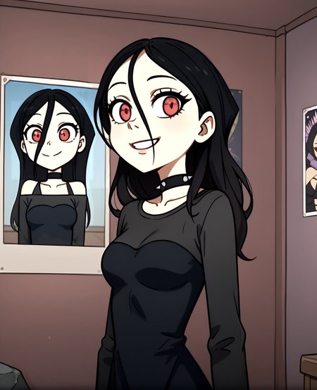 ((((young, pretty woman , medium breasts)))) <lora:Eyes_High_Definition:0.8> EyesHD<lora:Expressive_H:0.8> Expressiveh,(((room background, rock poster)))
<lora:Lif_metal_family:1> lif, 1girl, black hair, black dress, spiked bracelet, smile, black choker, spikes, red eyes