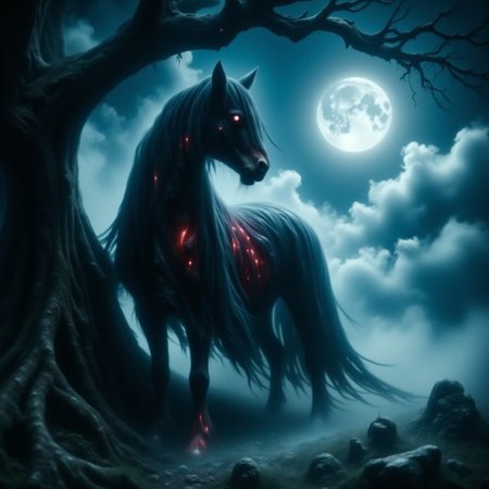 A vampire horse stands proudly beside a gnarled tree, its black cape flowing dramatically in the misty night air. The full moon casts an eerie glow on the fog-shrouded landscape as the equine creature's eyes burn with an otherworldly intensity.