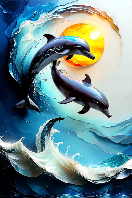 <lora:artfullyWHIMSICAL_SDXL_V1:1>, artwhmscl, a aquatic scene featuring majestic dolphins leaping out of the water. there body is surrounded by shimmering waves that glitter and sparkle in the sunlight. The ocean stretches out into the distance its surface dotted with small waves and currents. Above, the sky is filled with shades of blue from deep navy to light cerulean. The dolphins's tail fin creates a powerful splash as it dives back into the water symbolizing the grace that these creatures possess. convey a sense of wonder and awe reminding us of the mysteries and wonders that lie beneath the surface of our planet. It will inspire viewers to appreciate the beauty and complexity of nature's creations and seek out their own personal connections with the natural world around them, vibrant blue background, full picture, full frame, 
CYBR-XL <lora:artfullyTREETTREET_SDXL_V1:1> Arttrttrt  <lora:ral-vbrntacyl-sdxl:0.6> ral-vbrntacyl  <lora:TQ_-__Kids_Storybook_Illustrations_XL-000006:0.8>
