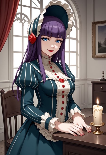 score_9,score_8_up,score_7_up,source_anime,5_figner,2d_animation,game cg,BREAK,1girl,solo,Loretta Lecarde,purple hair,blunt bangs,hime cut,blue eyes,long hair,red lips.lolitafashion,bonnet,pantyhose,red rose,dress,mini skirt,
medium breasts,smile,front view,upper body,looking at viewer,
red curtain.gothic room,medieval interior,
indoor,window,chandelier,candle,white wall, 
desk,chair,blackboard,window, 
masterpiece,best qualit,ultra-detailed,illustration,an extremely delicate and beautiful,beautiful detailed eyes,unity 8k wallpaper,high resolution,anime CG,official_art,