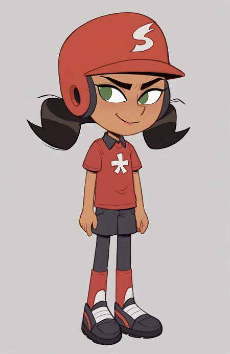 ((score_9)), score_8_up, ((high quality)), ((masterpiece)) BREAK
  TammyM, helmet, twintails, green eyes, black hair, dark-skin female, shirt<lora:pony_good_hands:0.8>,<lora:Tammy_Myers:0.8>