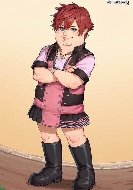 score_9, score_8_up, score_7_up, source_anime, rating_safe, , anime screencap,4k, HD, 8k, highres, BREAK, 1boy, solo,
<lora:Kairi:.8>,  kairi, blue eyes, zipper, jewelry, boots, dress, necklace, short hair, red hair, pink dress, zipper pull tab, pleated dress, short dress,
<lora:PeterGriffin_iamkowai_PXL_Leaf1-10:1>, Peter Griffin, 1boy, fat,
dutch angle,
smile, crossed arms, 
looking at viewer, standing,
cowboy western, wild west, dirt path, old west town,