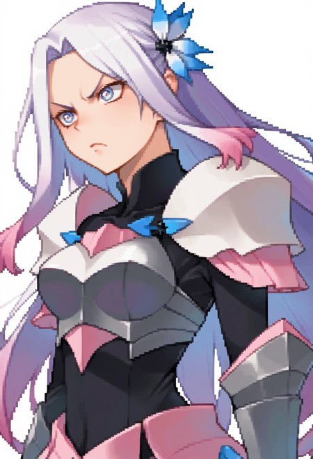 score_9, score_7_up, source_anime, solo, BREAK  <lora:zs_DevilSurvivorPortraitsXL:1> devilsurvivorportraits, portraits, white background,, serious, 1girl, white eyes, white hair, very long hair, parted hair, parted bangs, gradient hair, lilac hair, medium breasts, wing hair ornament, valkyrie, black bodysuit, armor, gauntlets, greaves, pink breastplate, grey armored skirt, armored dress, pink hues,
