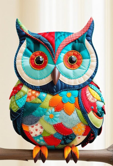 patchwork owl, stitched together with vibrant flair, cozy,
best quality, masterpiece,