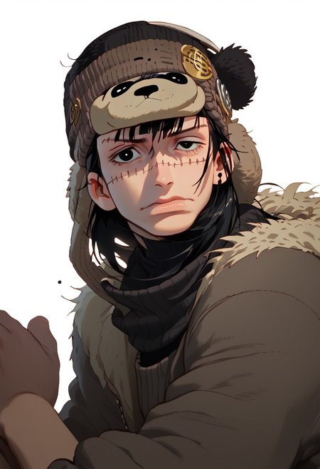 score_9, score_8_up, score_7_up, score_6, score_5, anime, hyper detailed face, perfect face, perfect eyes, perfect anatomy, perfect hands, closeup, 1boy, solo, black eyes, black hair, spiky hair, messy hair, fully clothed, athletic, serious face, ((koala hat, koala beanie, animal hat, fur_ears, grey_bear_ears, grey_beanie, Croco_scar across face)), male focus, white background, simple background