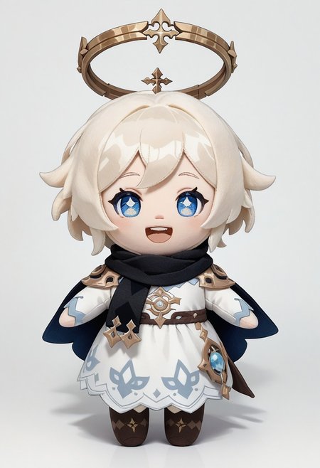 end_plushie_morph, 1girl, blue eyes, open mouth, white hair, white background, halo, solo, chibi, smile, scarf, looking at viewer, simple background, :d, white dress, short hair, full body, cape, bright pupils, teeth, dress, black scarf, plushie, felt, made of felt, fabric toy, made of fabric, fabric texture, paimon, genshin impact, score_9, score_8_up, score_7_up, score_6_up, score_5_up, score_4_up,