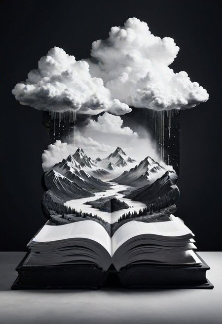 monochrome, negative space, symbolic, dreamlike landscape, giant mountains, open books flowing as rivers, childhood toy clouds, unsettling, beautiful, hyperrealistic, high contrast, detailed shadows