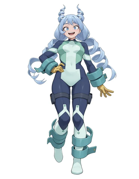 <lora:Hado Nejire Illu:1>nejir3, blue eyes, blue hair, long hair, twin drills, hair horns,
nejir3her0, blue bodysuit, green bodysuit, multicolored bodysuit, thigh straps, yellow gloves, blue arm coils, blue spiral wrist straps, coiled leg straps, leg wraps, 
full body, straight-on, looking at viewer, smile, open mouth, one hand on hip, 
simple background, white background,, masterpiece, best quality, amazing quality
