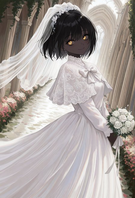 masterwork, perfect quality , amazing quality, absurdres, newest, hyper detailed, detailed, masterpiece, highly detailed, best quality, absolutely eye-catching, 1girl, solo, theprincess, dark-skinned female, very dark skin, black hair, short hair, yellow eyes, wedding dress, bridal veil,  white dress, bow, capelet, long sleeves, flower, wedding, smile, scenery, dynamic pose, (dramatic angle, dynamic angle:1.2), facing viewer, looking at viewer,  <lora:theprincess-illust:1> <lora:NOOB_vp1_detailer_by_volnovik_v1:0.3> <lora:spo_sdxl_10ep_4k-data_lora_webui:0.6> <lora:748cmSDXL:0.3> <lora:mon_monmon2133:0.4> <lora:noobai_vpred_1_masterpieces_v23:0.5>