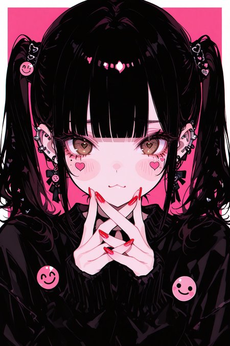 masterpiece, best quality, Good quality, very aesthetic, absurdres, newest,
BREAK
 1girl, solo, long_hair, looking_at_viewer, blush, black_hair, long_sleeves, hair_ornament,:3, jewelry, twintails, brown_eyes, upper_body, heart, earrings, blunt_bangs, nail_polish, star_\(symbol\), 
BREAK
mole,mole_under_eye,frown, blush_stickers, red_nails, ear_piercing, short_twintails,straight-on, black_sweater, badge,pink_theme, extra_eyes, button_badge, sticker, smiley_face
BREAK
<lora:USNR STYLE_XL_loha:0.4> <lora:MoriiMee_Gothic_Niji_Style__Pony_LoRA:0.7> <lora:ppw_v7_Illuv1.0_1_r2:0.3> <lora:XXX477:0.6>