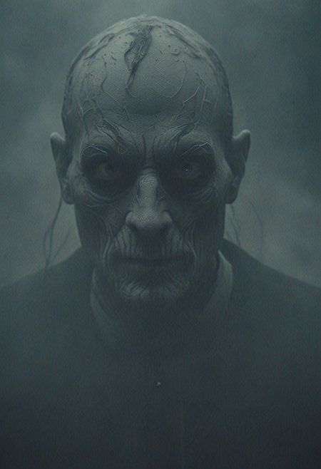 Horror-themed a mysterious character whose facial features are barely distinguishable advances towards the viewer in a cloud of dust and smoke, evil eyes, a smirk, threatening or friendly that no one would say; surreal, swirls of mist, detailed, powerful portrait, evil, uneasy image, cinematic, grainy, 8mm film, FX film. straight out of the haunted lake at full moon night. . Eerie, unsettling, dark, spooky, suspenseful, grim, highly detailed