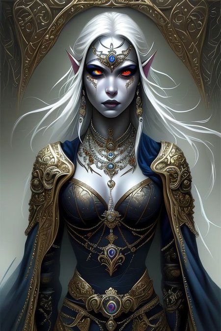 8k portrait of beautiful drow priestess with silver hair, white skin, intricate, elegant, highly detailed, majestic, digital photography, art by artgerm and ruan jia and greg rutkowski surreal painting, silver filigree, a female drow warrior priestess, dark makeup, intricate armor, belt, bracers, jewelry, <lora:Drow:1>, (masterpiece, sidelighting, finely detailed beautiful eyes: 1.2), hdr,