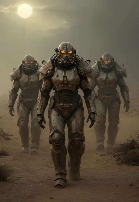 Four soldiers in power armor travelers in the post-apocalyptic desert,fallout universe,alienscape,glossy armor,intricate design,massive armor,corrupted neverland,dramatic sky, dust,wind, bleak,glow,flickering, dark art, dim light,strong single light beams reflects on their armor, somber, dramatic, detailed,science fiction,distopia,horror theme,futuristic, technology,atompunk,dying world of our hopes,poignant atmosphere,dramatic,thrilling,decay,best quality,masterpiece,dynamic composition,color contrast,primary colors,no gradients,close-up