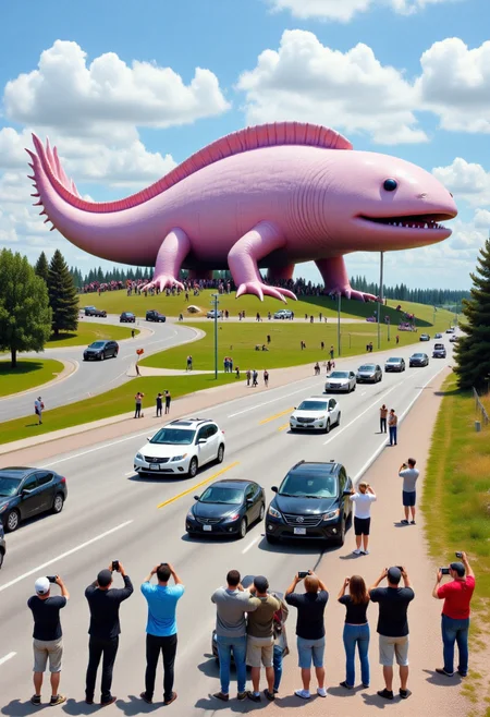 <lora:Roadside_Attraction_Assembler_FLUX_r1-000007:0.9> <lora:axomodelv2:0.8>
Photo depicting a surreal scene at a "world's largest axolotl" roadside attraction including people taking photos of it and cars parked near it.