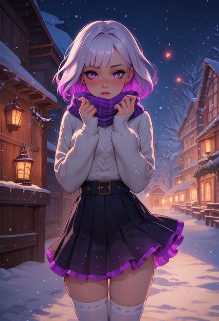 score_9, score_8_up, score_7_up, score_6_up, 
1girl, 25 years old, perfect face, cute, petite,
purple eyes, 
multicolored hair, colored inner hair, white hair, purple glowing hair, purple glowing scarf, 
white sweater, long sweater, long sleeves,
purple nails, 
purple skirt, layered skirt, 
white thighhighs, 
winter, snow, snowing, snowflakes,
blush, dynamic pose, dynamic angle,
night, dark, village, lantern