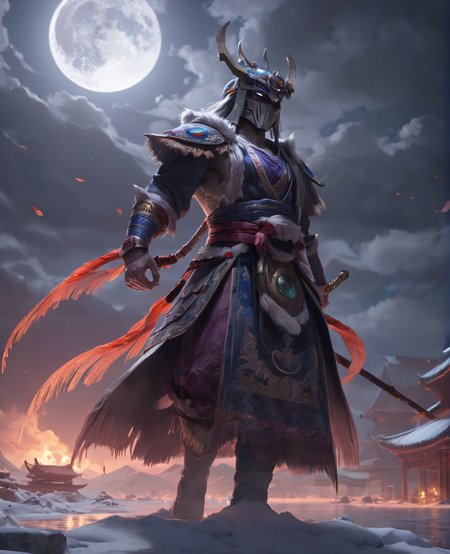 <lora:bloodmoonXL-step00000250:0.9>,bldmoon,shaman,On Thin Ice,ominous full moon,cinematic,oriental,realistic,ultra detailed,ray tracing,cloudy sky,octane render,intricate,cinematic,oriental,glowing features,masterpiece,hyper realistic reflections,50nm dof,bokeh,realistic,sharp focus,ultra detailed,8k,uhd,surging power,high resolution,trending on artstation and deviantart,featured,style of __fantasy-artist__ and Yuki Katsura and wuxia fantasy
