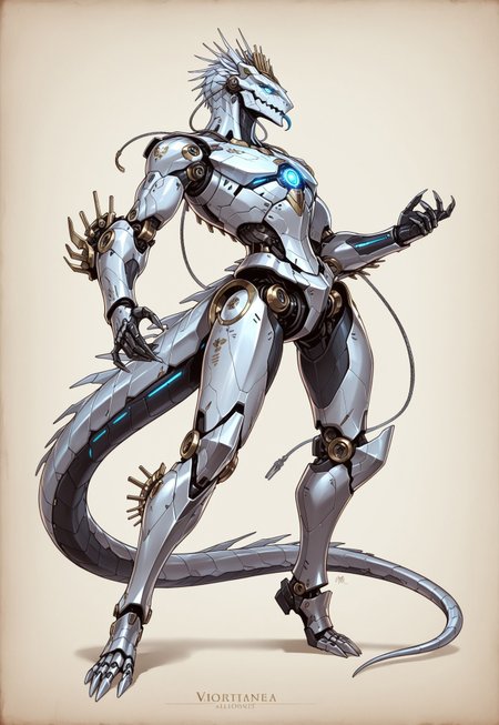 ww1era, victorianera, 18cera, alone, solo, portrait, full body, three quarter view, high detail face, no background, simple floor, full body, retro style, 1creature, bio-mechanical, mutated lizard, lizard face, lizard head, mechanical parts, mechanical enhancement, blue glowing eyes, silver mechanical, huge body, huge limbs, huge torso, aggresive stance, aggresive pose, aggresive posture, curved back, mechanical claws, sticking lizard tongue, lizard tongue
<lora:RavenScript :1>