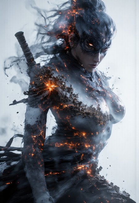 A striking double exposure artwork: a rebellious young woman with vibrant blue hair, sitting confidently in a dynamic pose, her face partially covered by a sleek black mask. Her silhouette merges with an apocalyptic cityscape engulfed in flames and smoke. The fiery background transitions seamlessly into the details of her clothing and skin, creating a powerful juxtaposition of human resilience and chaos.