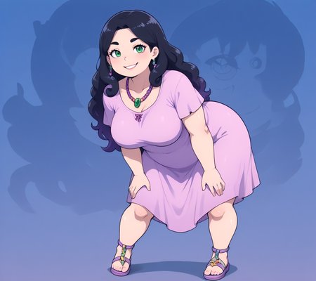 PonyScores7, source_anime, ah1, IllustriousQual, <lora:natsumi_style:0.5>, <lora:by_usakun-pony:0.4> by usakun, <lora:Akina_Bbw_Style_-_PonyXL:0.2> AkinBw
BREAK 1girl, (curly hair), long hair, (black hair:1.3), mature female, (parted hair:1.7), (round face:1.2), (thick eyebrows:1.3), (curvy), round-chin, (hazel with (green flecks) eyes:1.4), (colorful eyes), (multicolored eyes), caucasian, (downturned eyes:1.2), (plump face), messy hair, <lora:Round_face:0.1>, <lora:ETO_OCPonyXL:0.5> eto_oc, skindentation, (plump), thick thighs, wide hips, busty, voluptuous, kinky curls, lips, <lora:venus body PonyXL:0.4>,  ((smiling at viewer), (she faced the raging fire, her silhouette stark against the inferno, determined), (Enchanted Jewelry Stores)), looking at viewer, ((Pastel Purple Reggae, Loose-fitting tie-dye dress, colorful sandals, layered beaded necklaces, natural makeup, and long, flowing hair with flower clips))
BREAK <lora:xl_more_art-full_v1:0.2>, <lora:shinyskin2:0.2> glistening skin, <lora:aesthetic_anime_v1s:0.2>, <lora:Expressive_H:0.2> Expressiveh, <lora:hairdetailpxl:0.2> hairdetailpxl, <lora:EpicF4nta5yXL:0.2>, <lora:detailxl:0.2> detailxl, <lora:Fant5yP0ny:0.2>, best quality, amazing quality, best aesthetic, absurdres, <lora:expressive eyes:0.2> expressive eyes, <lora:eyedetailpxl:0.2> eyedetailpxl, illustration, Volumetric_Lighting, ultra-detailed, very aesthetic, intricate details, 8k, masterpiece, best_quality
BREAK (hero view), (zoom out:1.5)
BREAK <lora:Eyes_High_Definition:0.3> EyesHD, Stable_Yogis_PDXL_Positives, AS-Adult, <lora:Complicated fantasy portrait - XL Pony V2.0:0.4>, bad-hands-5, <lora:HDA_Detailer:0.2>, HDA_FatGirlXL,