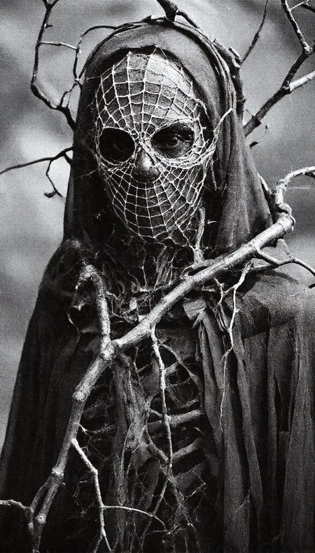 Close-up of a surreal, otherworldly creature with a webbed, spiderweb-like mask covering its face, surrounded by twisted, branch-like tendrils hanging from its head and shoulders. The creature is draped in tattered, dark fabric that flows like a cloak. The scene is bathed in a cold, grayscale color palette with high contrast, featuring intricate detailing in a dark, surreal style. The background is a soft, blurred gray, emphasizing the creature’s eerie form.