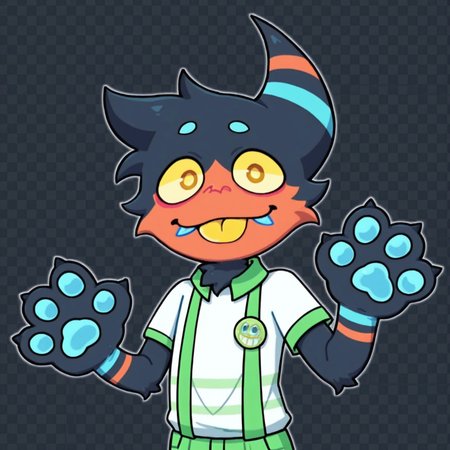 2d, 1boy, Gregoriah, male, humanoid, creature, black fur, orange fur, multicolored fur, yellow sclera, yellow pupils, cyan round eyebrows, orange irises, single horn, orange and cyan stripes on horn, cyan pawpads, head tuft, cyan and orange stripes on arm, cyan tusks, cyan teeth, collared shirt, white shirt, green stripes on shirt, green suspenders, green pants, black and orange sneakers, green pin, claws

BREAK upper body focus, close up, tongue out, yellow tongue, looking at viewer, smile, abstract background 

BREAK best quality, amazing quality, very aesthetic, absurdres, newest, masterpiece, high quality
