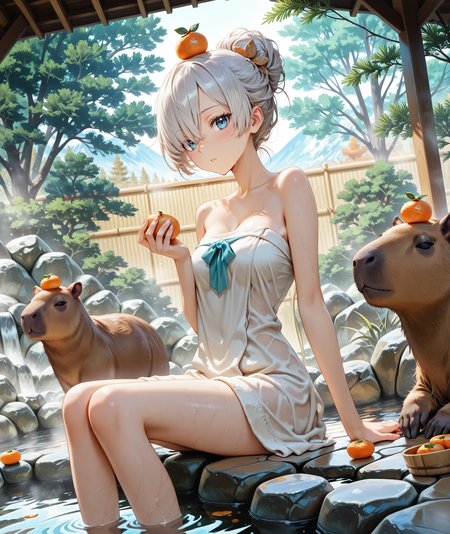 1girl, (anastasia \(fate\)), (sitting with capybara, onsen, mandarin orange on head), in the taiga, casual oufit, very aesthetic, very detailed, masterpiece, best quality, (detailed background), dutch angle, in the style of ckpf <lora:illustriousXL_stabilizer_v1.72:0.4> <lora:capybara:1> <lora:ck-painterly-fantasy-IL:0.8>,