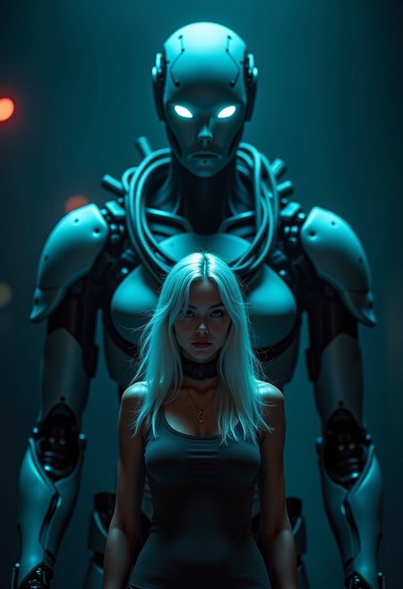 a female android with glowing cyan eyes and white hair, standing in darkness with soft neon light illuminating half her face, a massive biomechanical robot behind her, their silhouettes merging with glowing cables, poetic cyberpunk atmosphere, cinematic poster style, centered composition, dark background with soft blue and red accents