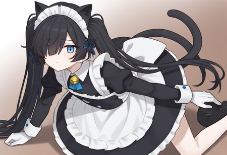 (Maid-kasli), solo, white gloves, dress, hair over one eye, maid apron, blue eyes, twintails, cat ears, maid headdress, maid, gloves, 1girl, apron, juliet sleeves, long sleeves, long hair, black hair, animal ears, bell,(Fall down),