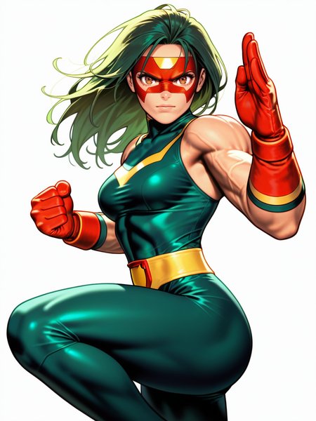 ShinkiroXL,, white background,,
1girl, superhero costume, bodysuit, green hair, brown eyes, fighting stance, medium breasts, muscular female, one leg up,,
white background, looking at viewer, dynamic pose, cowboy shot,
<lora:AShinkiro_Style:1>