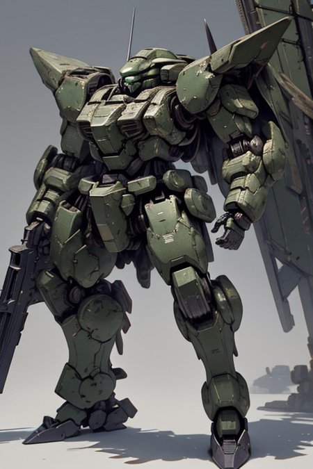 edge quality, perspective silhouette, 8k, best quality, masterpiece, extremely detailed, rule of thirds, photorealistic, superb, HDR, high resolution, sharp focus, photorealistic rendering, extremely detailed description, professional, gorgeous and intricate detail,
Mecha, mech, solo focus, Zeon, zaku, retro, industrial design:0.5, robot, one-eyed, camouflage panels, science_fiction, glowing eye, green, purple armor, blue armor, spikes on shoulder, weapon, ((holding weapon, holding gun)), rounded armor plates, rounded head, 
full body, subject in frame
high angle view
chara-sheet