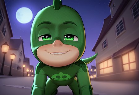 (score_9, score_8_up, score_7_up), highly detailed, cute boy, masterpiece, best quality, high quality, detailed, round face, round eyes, round pupils, shining eyes, petite, flat chested, aged down, cute, kawaii, short, 1boy, solo, Gekko Costume, Green Bodysuit, Green Eyes, Mask, Tail, at night, strong, full moon, dynamic pose, crawling, all fours, dutch angle, smug smile, narrowed eyes, biting lip, low angle view, perfect detail, perfect eyes, perfect face, perfect mouth, night time, moonlighting, empty streets, outdoors, street, city background, textured costume, bold lines, volumetric lighting, moon in background, ((blurred detailed background)), natural lighting, (ray tracing, good shadows), young