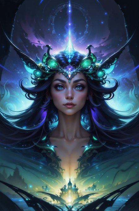 (in Don Bluth style:1.4), (masterpiece:1.2), (A uniquely beautiful female dressed in attire resembling a fusion of bioluminescent flora and cybernetic enhancements set against a composition that merges fractal patterns with dreamlike landscapes, wearing unique Avant-garde masterpiece attire and headdress:1.1), (upper body portrait:1.0), (The subject is best lit with a shifting pulsating light that accentuates the organic-meets-technological ensemble, The background features a surreal dreamscape with floating islands and cascading waterfalls:1.1)