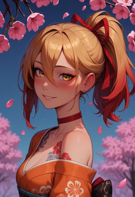 masterpiece, best quality, amazing quality, p0nyd1sney1ncasev1x0n2, 1girl, 25 years old, perfect face, 
side view, detailed face, portrait, face focus, depth of field, looking at viewer, blush, shy smile, close up,
yellow eyes, orange eyeliner, 
blonde hair, long hair, ponytail, hair between eyes, earrings, stud earrings, red hair ribbon, 
red choker, 
obi, hadanugi dousa, orange kimono, obiage, obijime, sash, short sleeves, single bare shoulder,
chest tattoo, flower tattoo, 
spring, cherry blossoms
