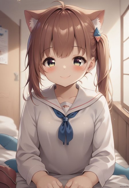 gawr gura, 1girl, shark tail, gawr gura, cat ears, side ponytail, upper body, smile, blush, closed mouth, score_9, score_8_up, score_7_up, source_anime, masterpiece, best quality, highly detailed background, cinematic lighting, detailed eyes, perfect face,, lazy, teenager room, messy, bedroom, bed sheet, closet, cardigan, school_uniform, mole_under_eye, black_thighhigh