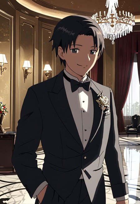 Highres, Masterpiece, High Quality, 4K, 8K, solo, 1Boy, Takaki Toono, adult, black hair, short hair, ballroom, luxury hotel, luxury room, marble floor, crystal chandelier, classic ornaments, tuxedo, smile, musterius, classy, confident, rich, easynegative, detailed_eye_model