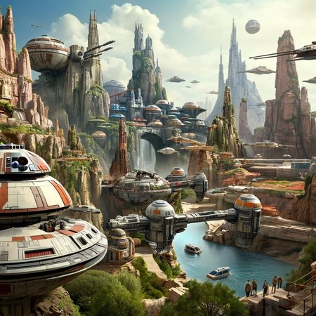 Advertising poster style,  <lora:Advertising:1.5>
A creative photo of  a star wars land with a lot of buildings advertising style, Professional, modern, product-focused, commercial, eye-catching, highly detailed