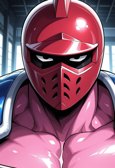 <lora:kinnikumanbigbodyv2:1>, kinnikumanbigbody, solo, black eyes, red helmet, mask, pink skin, shiny skin, mature, manly, face focus, portrait, white chest pads, blue shoulder pads,  BREAK masterpiece, best quality, amazing quality, very aesthetic, high resolution, 4K, extremely-detailed, depth of field, separate focus, newest, scenery, detailed muscles, cinematic lighting