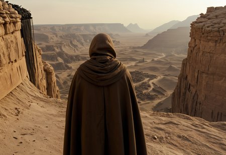 epic, cinematic shot, movie still from Dune movie showing priest (from behind), ((standing at the cliff edge)) wearing (torn long rag coat and hood:1.3) looking at (far horizon, rocky canyon, mountains, ruins:1.6), (futuristic technology:1.2), rubble, stone, (shiny metal statues, metal wires, ancient artifacts:1.5), (glass wood and metal elements covered in dust and dirt:1.3),  sand, very detailed, wide angle, absurd art,  (electronics, plasma:1.3), 
<lora:add-detail-xl:0.9>,
<lora:b3ks1n:0.55> b3ks1n,
<lora:JuggerCineXL2:0.8> Film Still, Cinematic, Cinematic Lighting,
<lora:Dune_Movie_Loha2:0.4> Dune, directed by Denis Villeneuve, cinematic, movie, futuristic, sci-fi,
<lora:xl-shanbailing-1003fire:0.5> fire element,