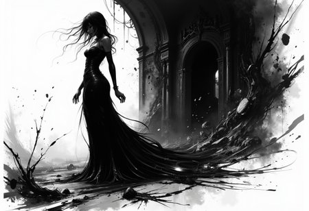 Full body adult woman, Anime-esque, stylized, two tone art, scratchy, scribbled art style, edgy art style, dark, monochrome, dramatic angle, masterpiece, perfect composition, perfect hands  <lora:ARTifacts:0.8> ,