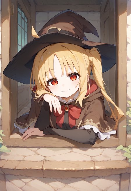 score_9,score_8_up,score_7_up,
<lora:Nijika_Pony-10:0.8> Ijichi_Nijika red eyes, blonde hair, ahoge, side ponytail, small breasts, smile, 
from outside window, looking at viewer, smile, head rest arm rest, <lora:from_outside_window_24re_pony_2_d4:1>  <lora:head_rest_arm_rest_pony_1:1> 
brown cloak, brown capelet, witch hat, black hat, witch dress short dress,