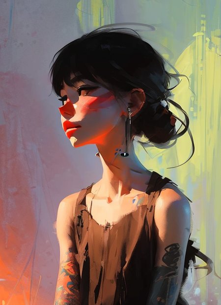 samdoesarts; portrait of one, a young woman, with colourful makeup, long hair with bangs, sternum lotus tattoo, by Jeremy Mann, matth�us merian the elder, Pino Daeni, robert rauschenber, by beksinski