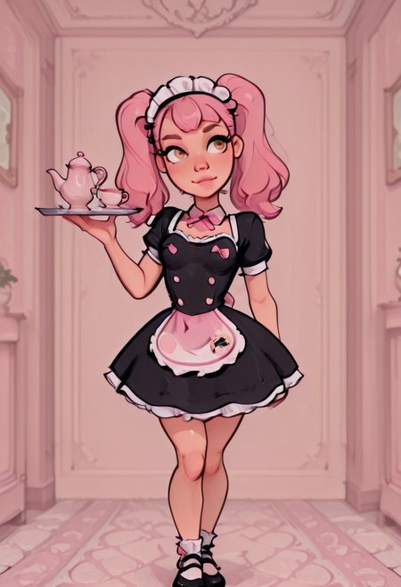 1girl(femboy, pink hair, dual ponytails, hazel eyes, small breasts, standing), Dynamic angle, Dynamic pose, NSFW, smoove, maid dress, pink bow, frills, short sleeves, maid headdress, carrying tea set on silver tray