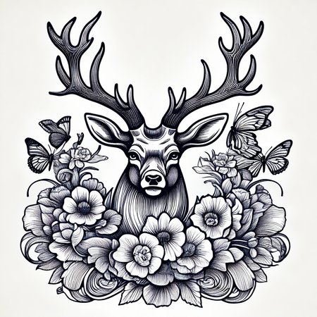 still life, open mouth, deer, horns, looking at viewer, flower, butterfly, lineartlora, fine art parody