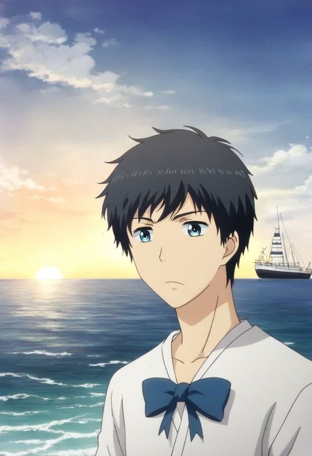 high resolution, solo, best quality, 1Boy, Arata Kaizaki, Black Hair, Blue Eyes, sea, bow cruise ship, stong wind, ocean, OverallDetail
