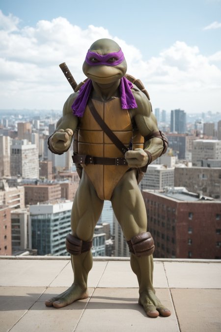 score_9, score_8_up, score_7_up, rating_safe, masterpiece, high quality, ((realistic, source_IRL)), BREAK, full body shot, TMNTDonatello, a teenage mutant ninja turtle, wearing purple bandana mask with eye-holes, fight stance, standing on a city rooftop during the day, skyscrapers and rooftops and day sky in the background, <lora:TMNT_AIO_Pony:1>