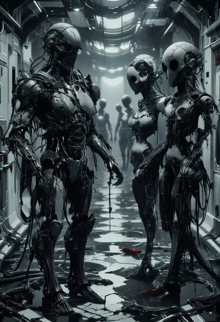 (Dark sci-fi horror corridor, stretching from left to right, with rows of deformed robots standing eerily like mannequins from Silent Hill. Each robot is slightly damaged, with missing parts and unsettling poses, while their bodies remain still, they have all turned their heads towards the viewer, staring intently, with pitch-black blood like tar flowing from their eyes, cracked or fractured heads and limbs, casting eerie shadows on the white, cracked walls and black marble floor. The atmosphere is haunting, with dim, cold lighting that enhances the sense of dread, creating a surreal, unnerving corridor scene. Rendered in hyper-realistic detail, the image is smooth and sharp, with every element captured with crystal-clear precision and lifelike clarity. highly detailed, ultra detailed),  <lora: - Flux1 - vanta_black_V1.0:0.5>,  <lora:ck-nc-pastel-cyberpunk:0.6>,  <lora:Neon_Noir_FLUX:0.5>,  <lora:scifi-robot-flux:0.7>,  <lora:abelè¡é­æ³f.1:0.7>, <lora:HORROR_lora.TA_trained:0.7>